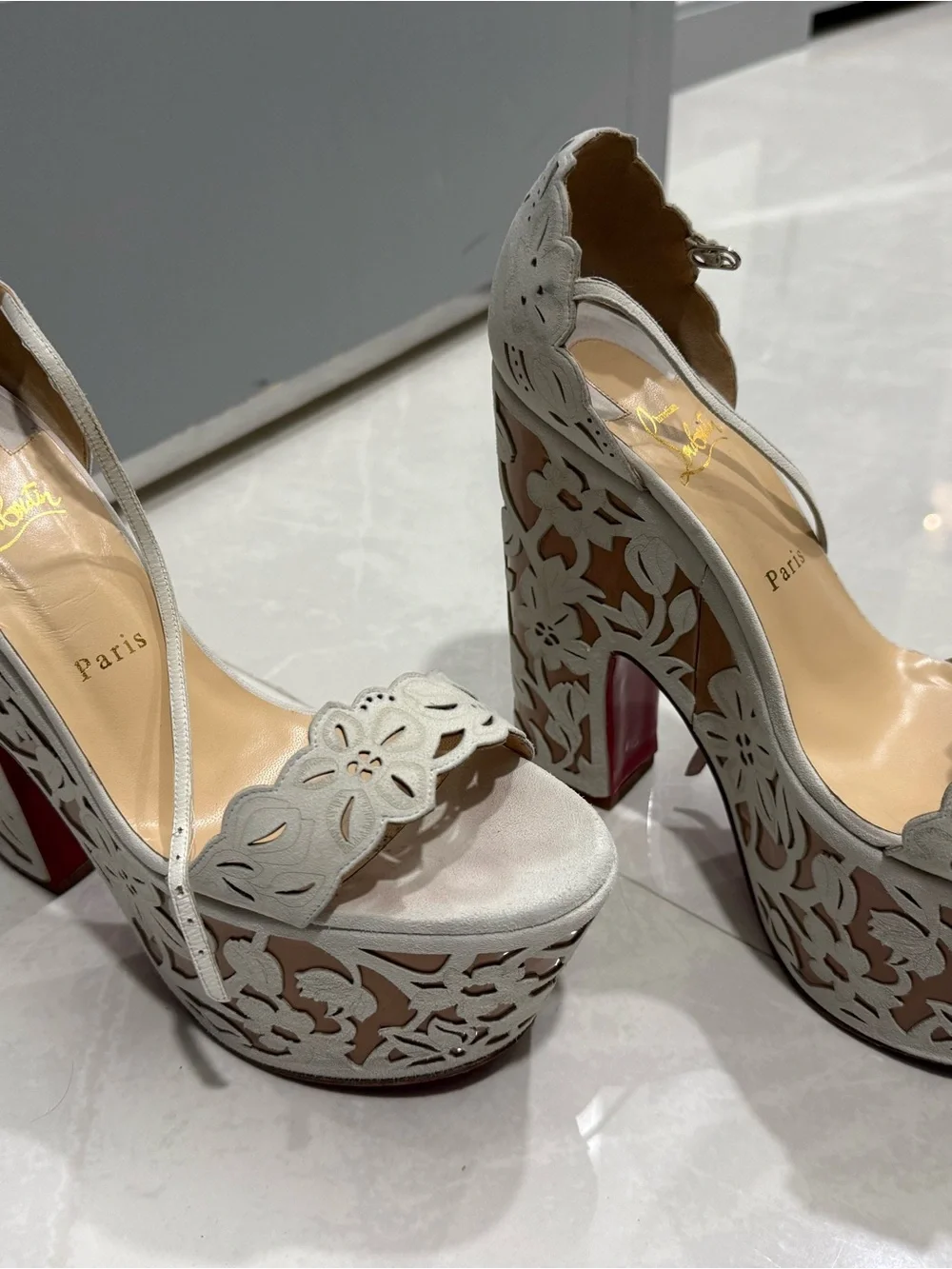 Christian Louboutin White Floral Cutout Platform Sandals